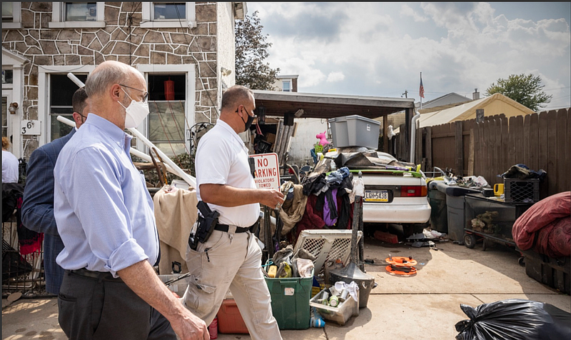 Pennsylvania Gov. Tom Wolf tours the Montgomery County borough of Bridgeport in the wake of Tropical Depression Ida on Sept. 8, 2021. 