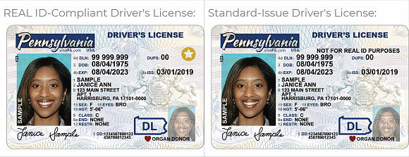 These sample driver’s licenses show the differences between a REAL ID Pennsylvania license and a regular license. 