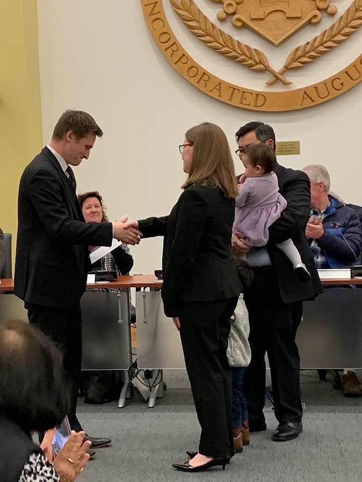 Councilwoman Meg Currie Teoh is sworn-in by Lansdale Mayor Garry Herbert. 