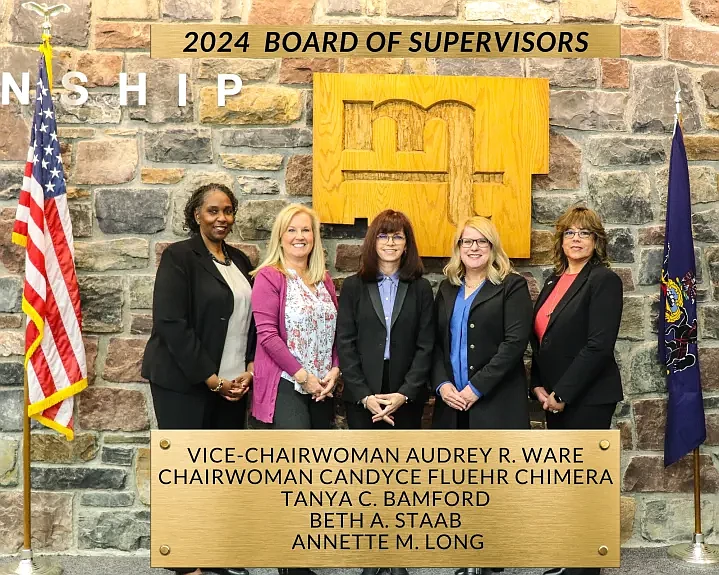 Montgomery Township supervisors Audrey Ware, Candyce Fluehr Chimera, Tanya Bamford, Beth Staab and Annette Long pose after the board’s reorganization 