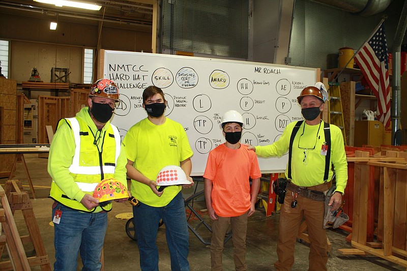 Pictured from left to right: Malcom Roach, Carpentry Teacher, students Andrew Coughlin (NP 10th grade) and Ronin Calsam (PV 9th grade), Pete Miles, In