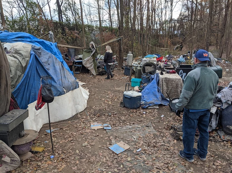 Bucks County Sheriff’s Office deputies at a homeless camp in Bristol Borough in 2021. 