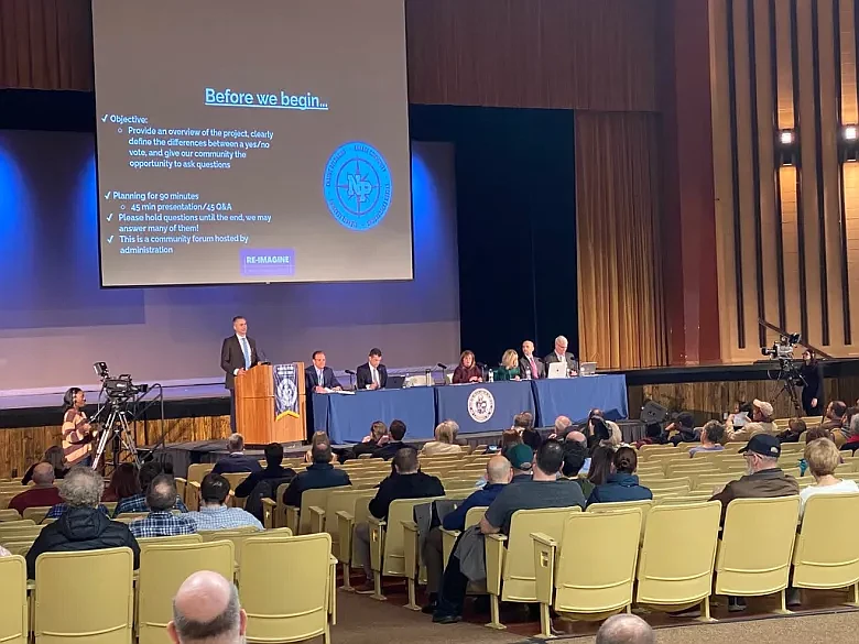 North Penn School District Superintendent Todd Bauer, at podium, introduces fellow administrators and consultants at the start of a community forum on