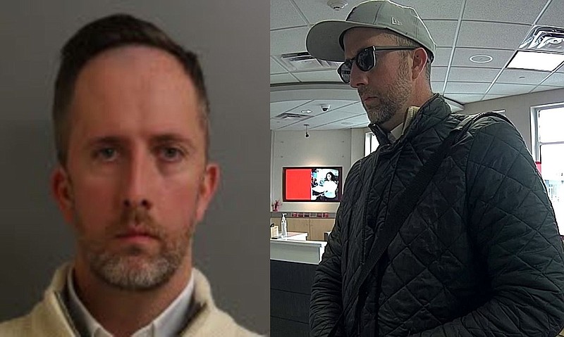 The JNET booking image for Nicholas Larson, 39, of Ambler (left), and surveillance footage of the suspect from the bank robbery (right). 