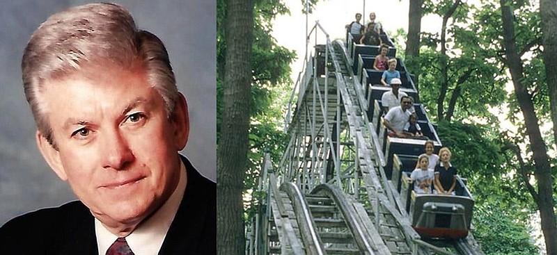 William D. Evans Sr., left, and guests enjoying the roller coaster at West Point Park, right. 