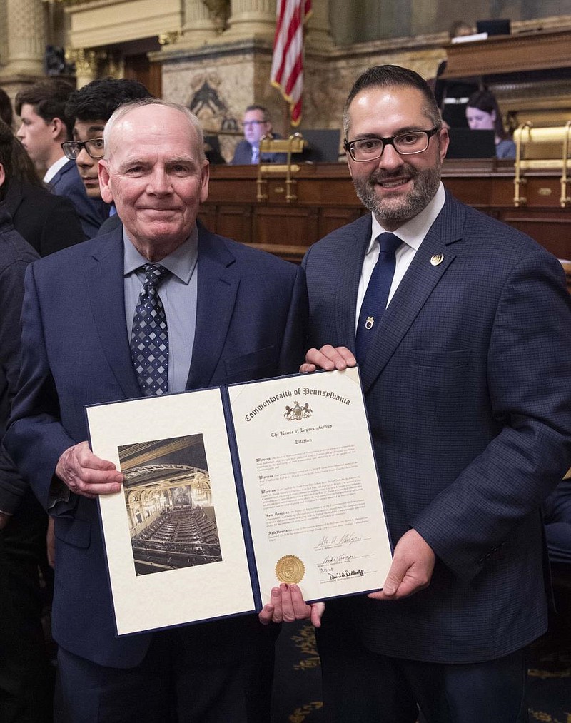 North Penn High School Boys' Soccer Coach Paul Duddy, left, with state Rep. Steve Malagari, right. 