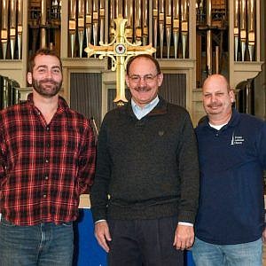 Rhoads, Pastor Paul Lutz, and facilities manager Denny Smith meet again. 