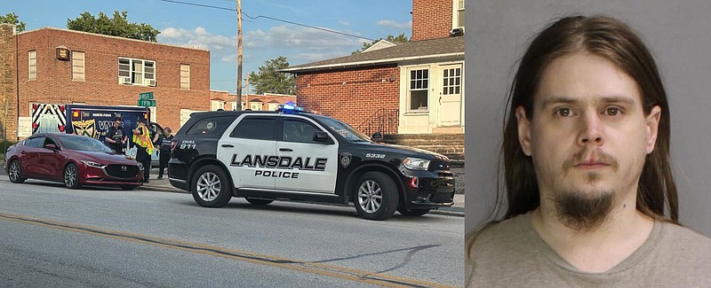 Left: A photo of the crash scene. Right: Alexander Handschu, 37, as seen in his April 2020 mugshot following an arrest on weapons charges in Hatfield 