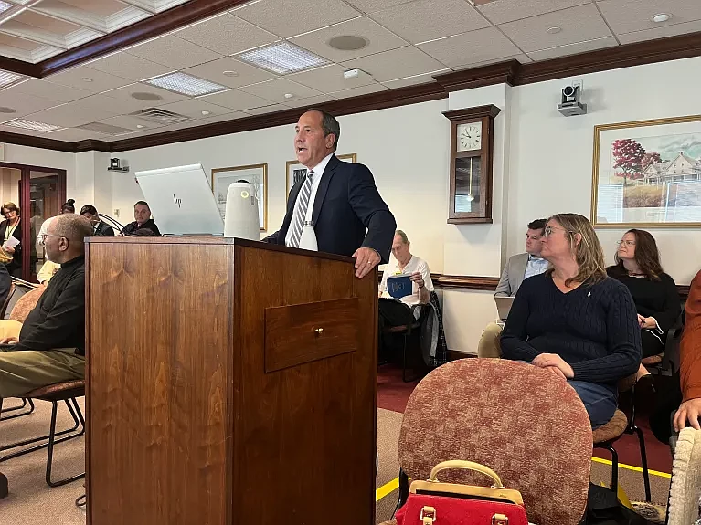 Montgomery County Chief Financial Officer Dean Dortone addresses members of the Montgomery County Board of Commissioners on Dec. 14, 2023, ahead of a 