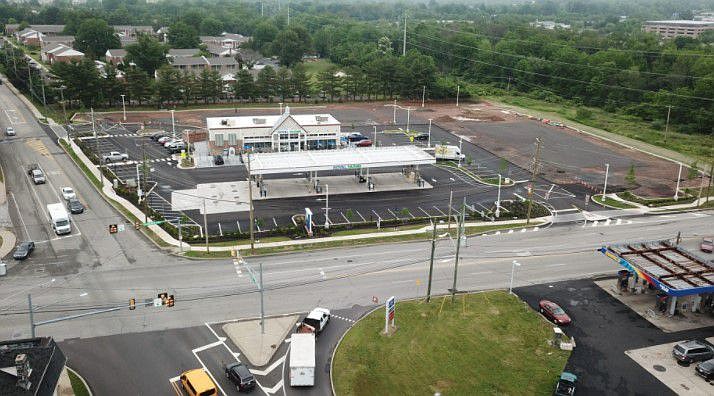 An aerial view of The Shoppes at Upper Gwynedd, located at the intersection of Church Road and Sumneytown Pike. 