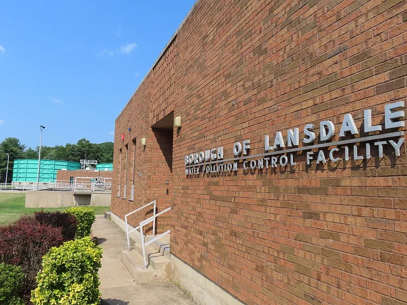 Lettering can be seen on the side of the main office building at Lansdale’s wastewater treatment plant. 