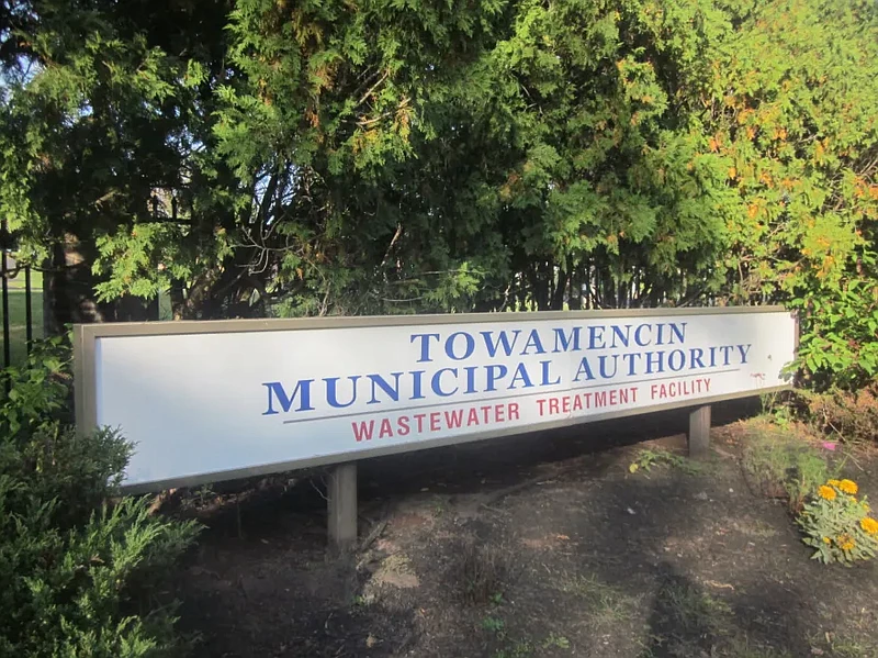 A sign outside the main entrance to the Towamencin Municipal Authority’s wastewater treatment plant on Kriebel Road is seen on Sept. 29, 2020. 