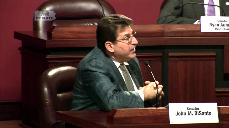 Pennsylvania state Sen. John DiSanto explains to the Senate Finance Committee his legislation to prevent public employees convicted of felonies from c