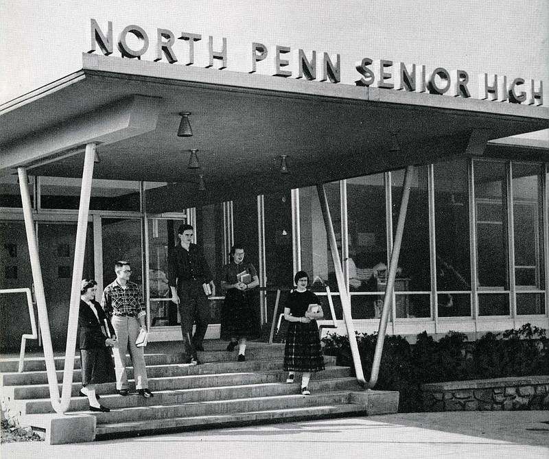 Members of the first North Penn High School class (1956) coming down the steps at the Penn Street school. 