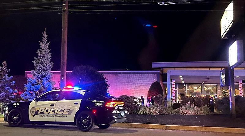 Police at the wedding hall Saturday night. 