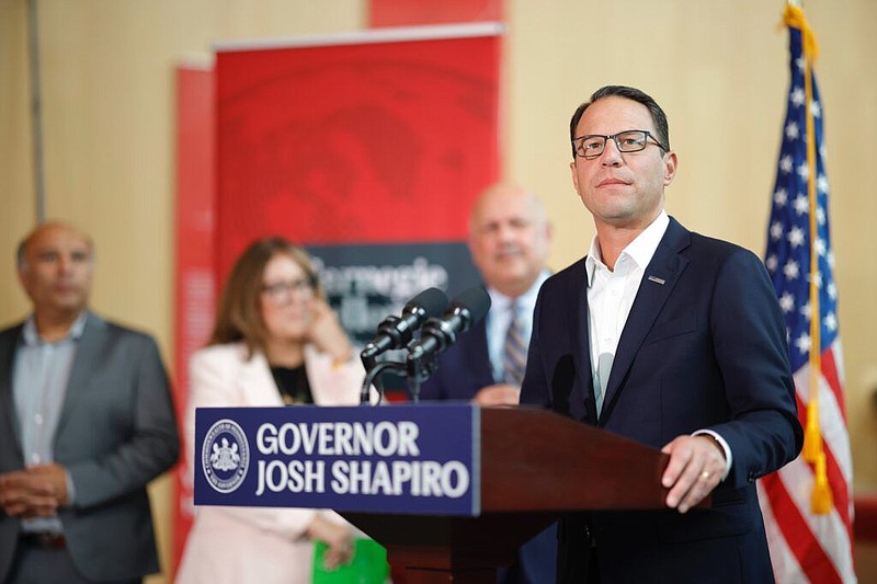 Gov. Josh Shapiro speaks at Carnegie Mellon University in Pittsburgh on the state’s plans to use and harness artificial intelligence. 