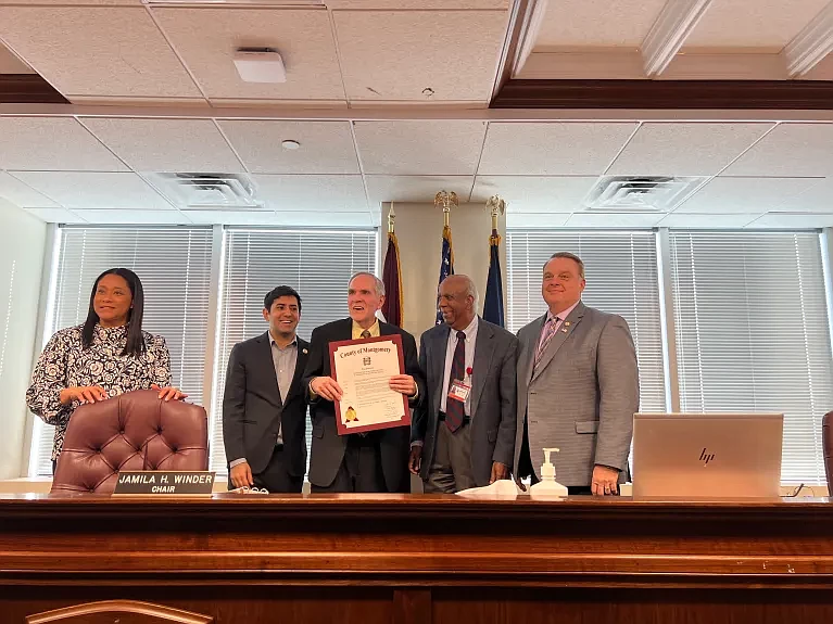 Montgomery County Commissioners Chairwoman Jamila Winder, Commissioner Neal Makhija, George Whitehair, Dr. Francis Jeyaraj and Commissioner Tom DiBell