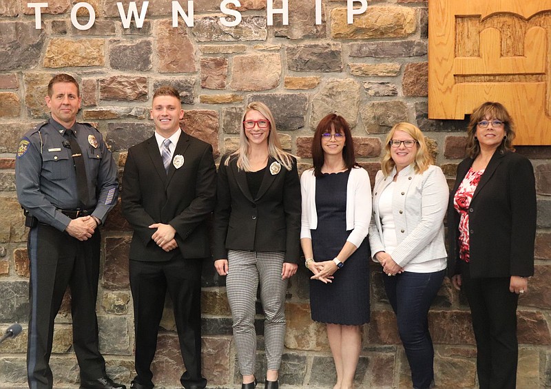 From left to right: Montgomery Township Police Chief Scott Bendig, Officer Sean Orrison, Officer Hannah Moran, Supervisor Tanya Bamford, Supervisor Be