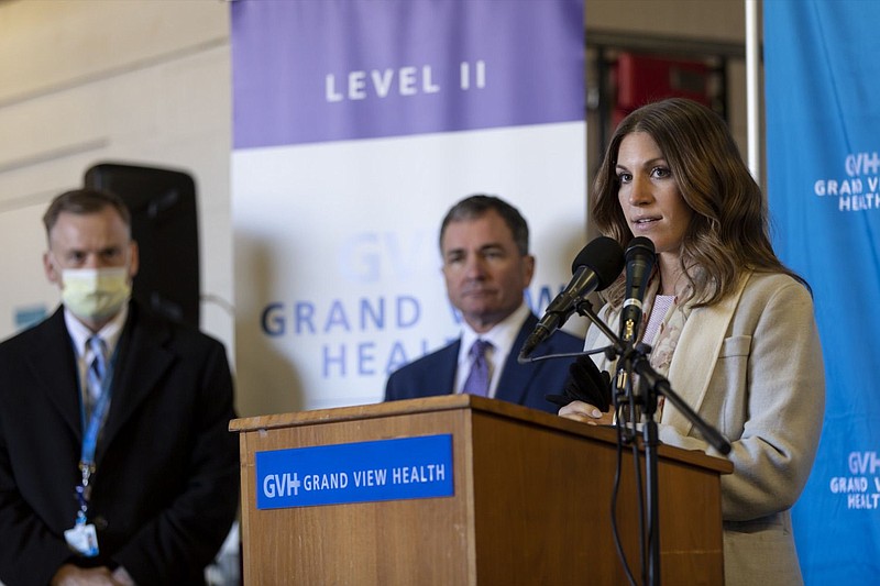 Acting Health Secretary Keara Klinepeter speaking at Grand View Hospital Monday. 