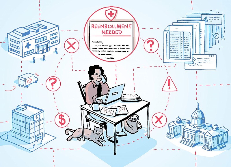 An illustration showing confusion around the Medicaid reenrollment process. 