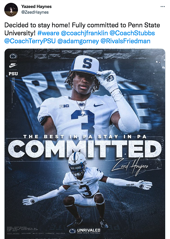 Haynes announced his commitment to Penn State last month via Twitter. 