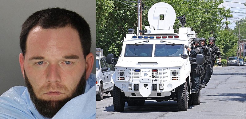 Left: Christopher Gring, 39, of North Wales. Right: Members of the Montgomery County SWAT – Central Team take up positions outside of Gring’s home dur