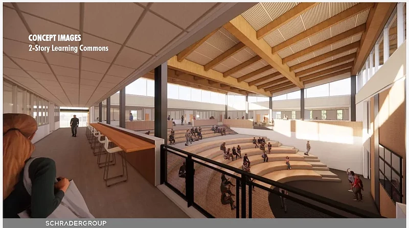 Rendering of proposed renovations to North Penn High School, with group instruction spaces adjacent to new classrooms. 