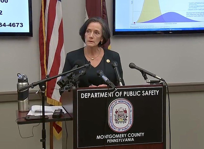 Montgomery County Commission Valerie Arkoosh addresses the media at a press conference on March 13. 