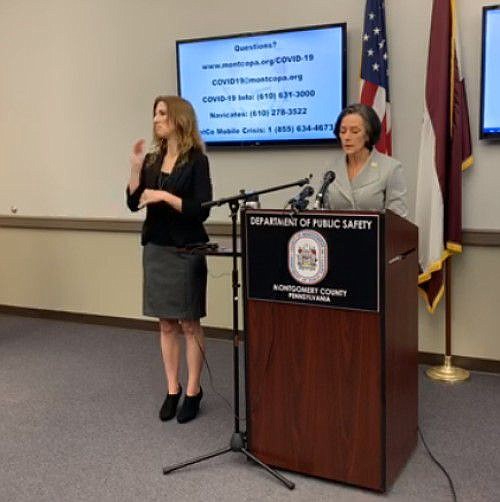 Montgomery County Commission Valerie Arkoosh addresses the media at a press conference on March 20. 