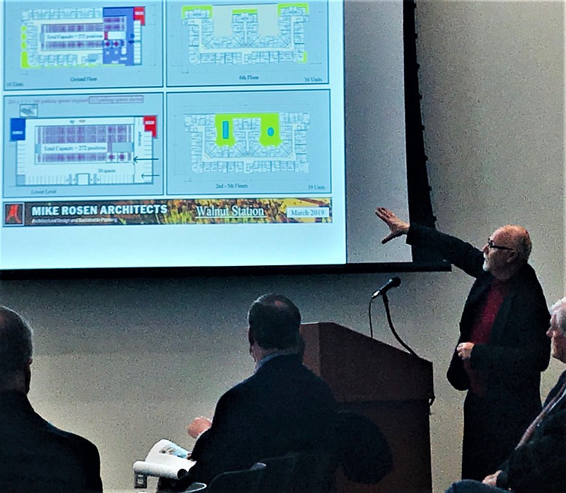 Architect Mike Rosen answers questions at the conditional use hearing. 