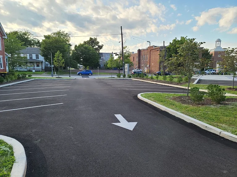 Newly paved parking spaces can be seen in the parking lot adjacent to the Lansdale freight station off of Broad Street in August 2023. 