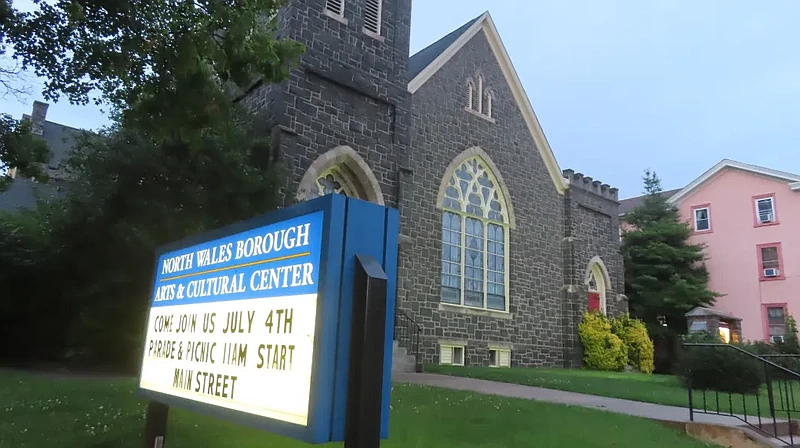 An illuminated message sign stands in front of the borough-owned former church at 125 N. Main Street in North Wales on June 28, 2023. 