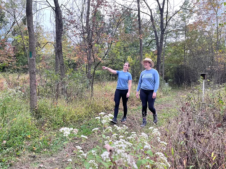 Margaret Rohde, Wissahickon Trails’ conservation manager and Freya McGregor, owner and consultant of Access Birding, discuss trail accessibility featu