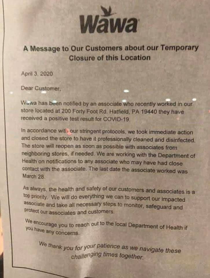 The letter posted to the door of the Wawa. 