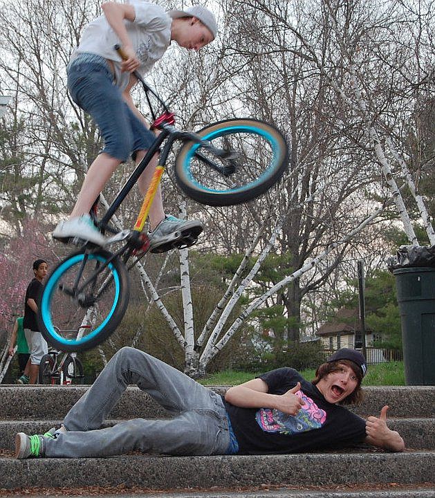 Teens performing bike stunts at Whites Road Park in the summer of 2011. 