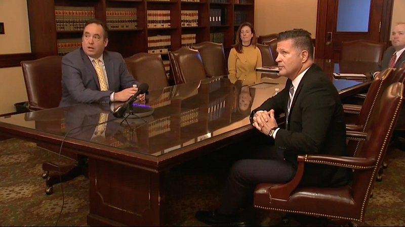 Senate Majority Leader Jake Corman, R-Centre, (left) and Sen. Mike Regan, R-York, discuss the Veterans Affairs and Emergency Preparedness Committee's 