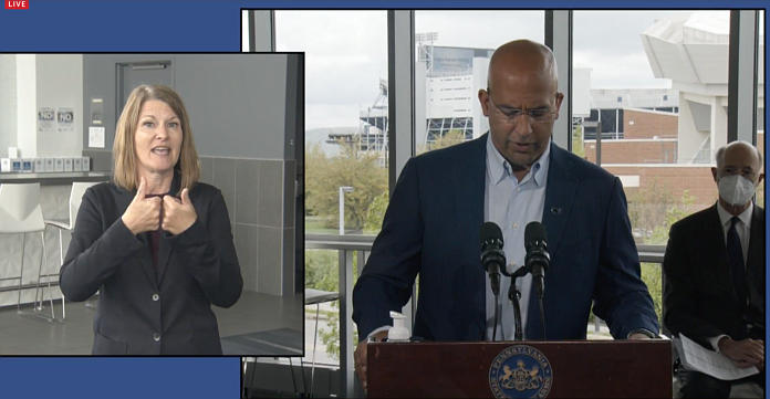 Penn State head football coach James Franklin appeals to Pennsylvanians to get vaccinated during a news conference on Wednesday, May 5. 