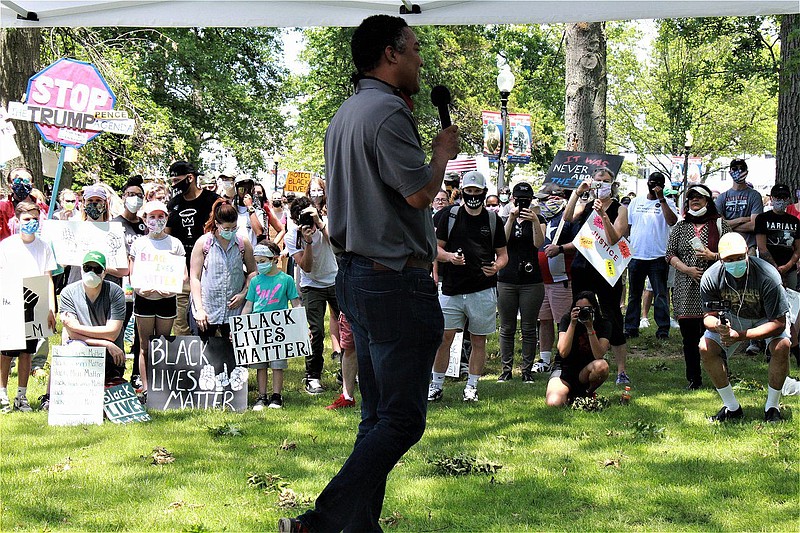 Montgomery County Commissioner Ken Lawrence Jr. addresses protesters during a demonstration at Memorial Park in Lansdale Borough on June 7. 