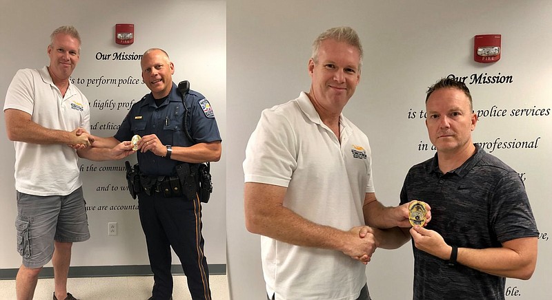 Deputy Chief Ted Caiola (left) and Detective Ray Royds (right) receive their new badges from Chief Duffy. 