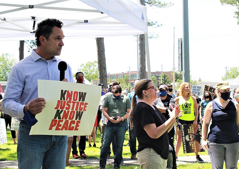 North Penn School Board Director Jon Kassa addresses a crowd of demonstrators at a Black Lives Matter rally in Lansdale on June 7, 2020. Fellow board 