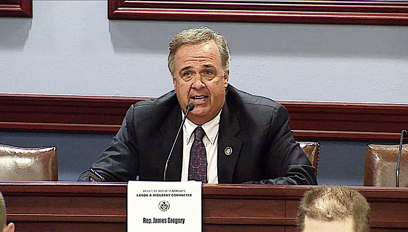 Pennsylvania state Rep. Jim Gregory speaks Aug. 12, 2020, during a hearing of the House Labor and Industry Committee at the Capitol in Harrisburg. 