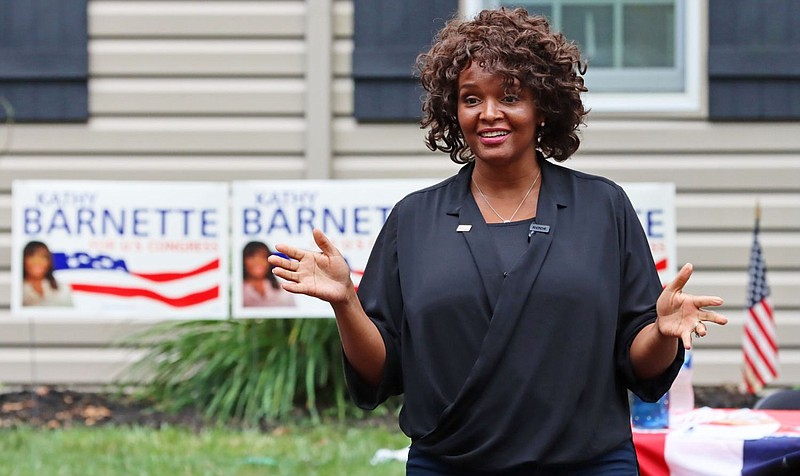 Republican candidate for the 4th Congressional District Kathy Barnette addresses supporters during a meet and greet in North Wales Borough on Aug. 12.