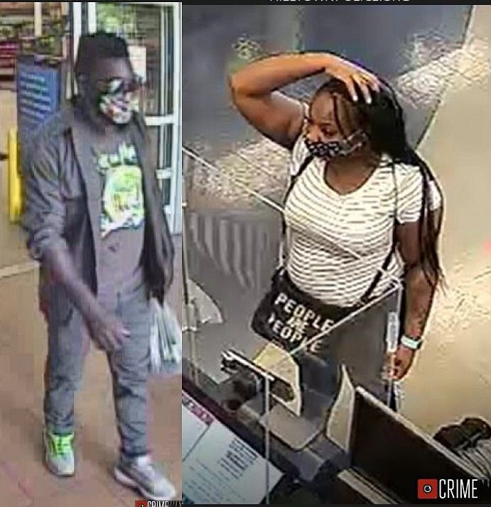 A male person of interest, left, and a female suspect who was captured on surveillance using the victim’s debit card, right. 