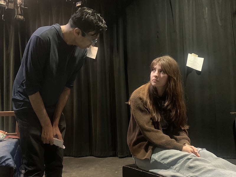 From left, Sam Memon and Tazmin Ratkowski rehearse for Montgomery County Community College’s Drama Club and Theatre Arts Program performance of “Lost Girl,” in the Black Box Theatre, Science Center 107, on the Blue Bell Campus, 340 DeKalb Pike, Blue Bell. (Credit: Nicholas Decolli)