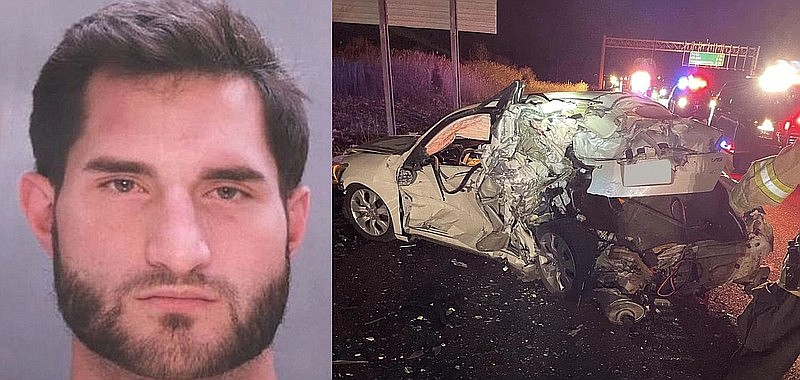 Left: Daniel Selby, 32, of Fountainville, as seen in his 2017 mugshot following his arrest in Bucks County. Right: the victim’s vehicle, following the Feb. 10, 2023 crash on Route 309. (Credit: Bucks County District Attorney’s Office / Wissahickon Fire Company)