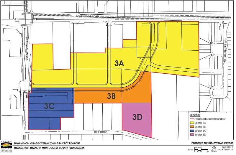 Map of part of Towamencin’s Village Overlay district which developer PSDC is proposing to split into four new sectors along Reiff Road between Forty Foot Road and Sumneytown Pike, as approved in early 2020. (MediaNews group file photo)