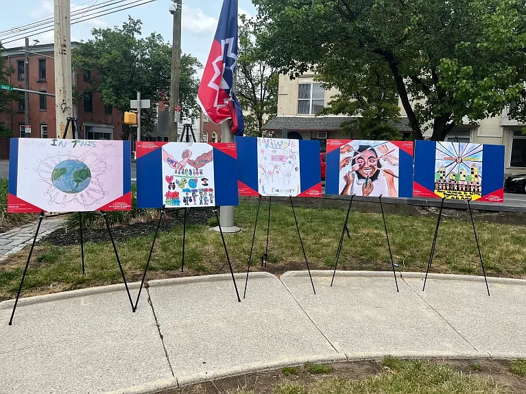 Winning submissions from the second-annual Art and Prose of Freedom Contest are displayed on June 15, 2023 in downtown Norristown. (Rachel Ravina – MediaNews Group)