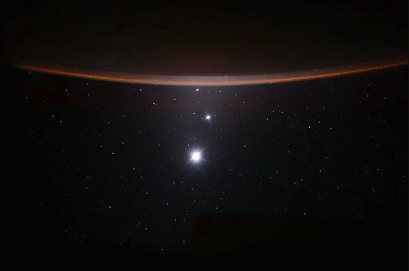 The March 2023 conjunction of Jupiter and Venus photographed from the International Space Station. The appearance of the two planets close together in the sky prompted multiple UFO reports in Lebanon County, according to records from the Pennsylvania Emergency Management Agency. (Credit: NASA)