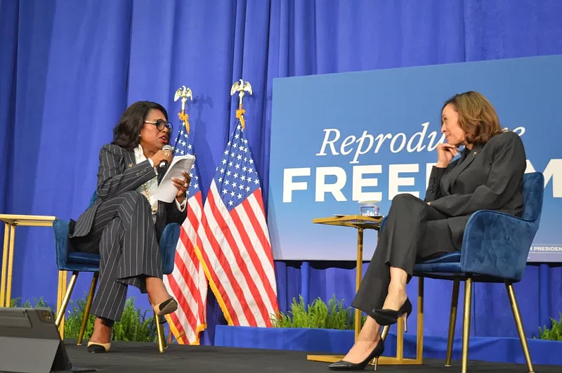Actress Sheryl Lee Ralph, left, speaks to Vice President Kamala Harris during a campaign event on May 8, 2024 at Salus University in Elkins Park.