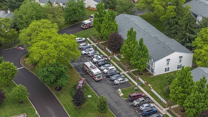 An aerial view of a fire response in Morgandale in Towamencin Township Sunday.
